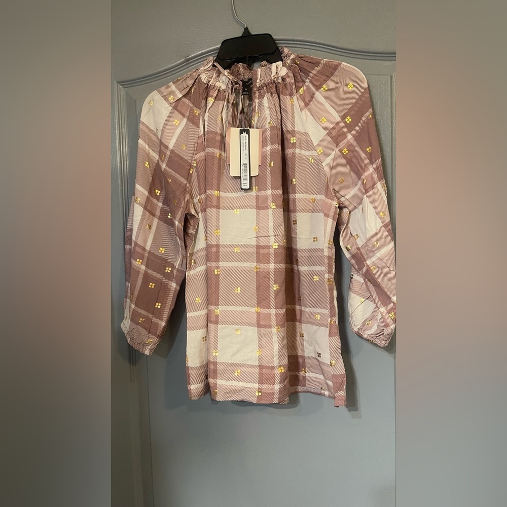 Harve Benard Pink Plaid Blouse with Gold Accents